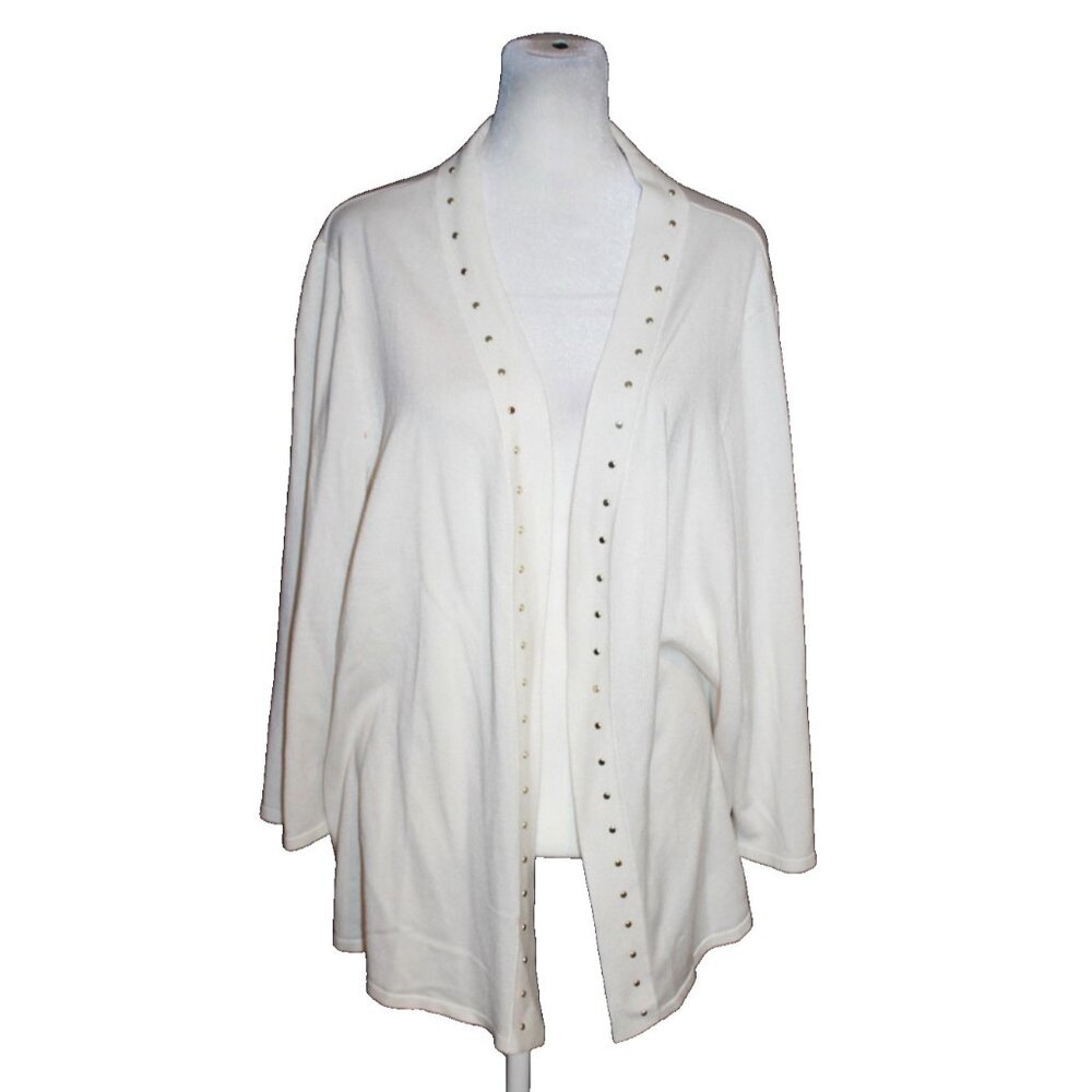 JM COLLECTION Women's Open Front Cardigan Size 2X Eggshell Ivory Embellished